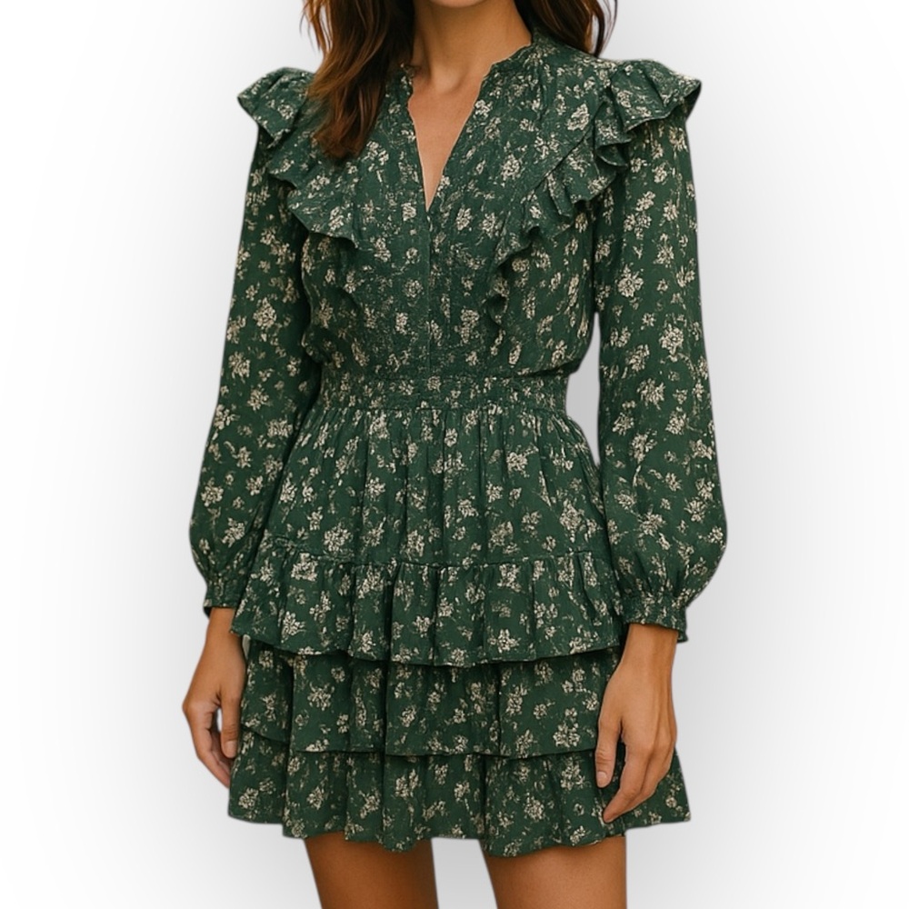 AE77 Green Floral Long Sleeve Tiered Mini Dress Women’s XS NWT